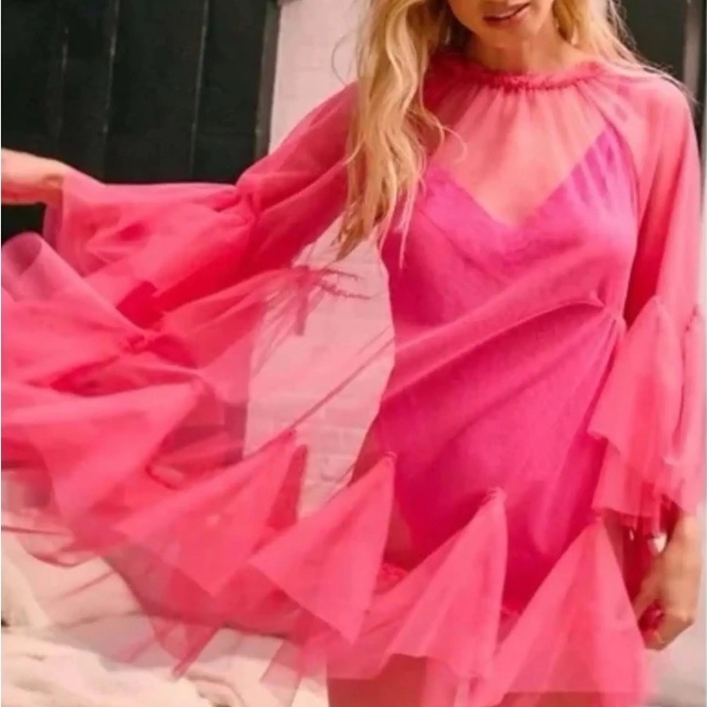 Anthropologie Vibrant Pink Long Sleeve Dress